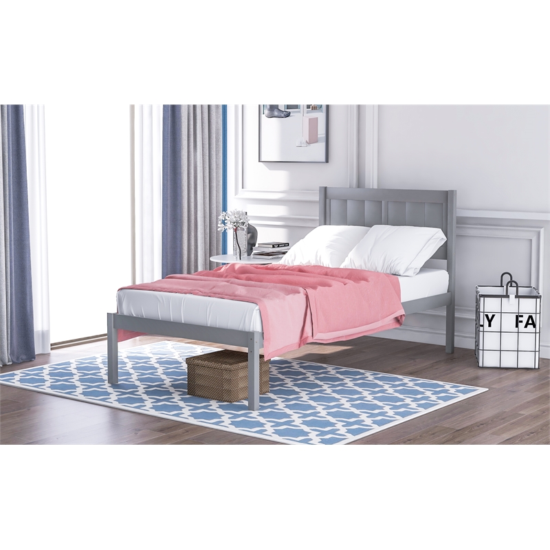 CRO Decor Wood Platform Bed Twin size Platform Bed with Headboard (Gray)