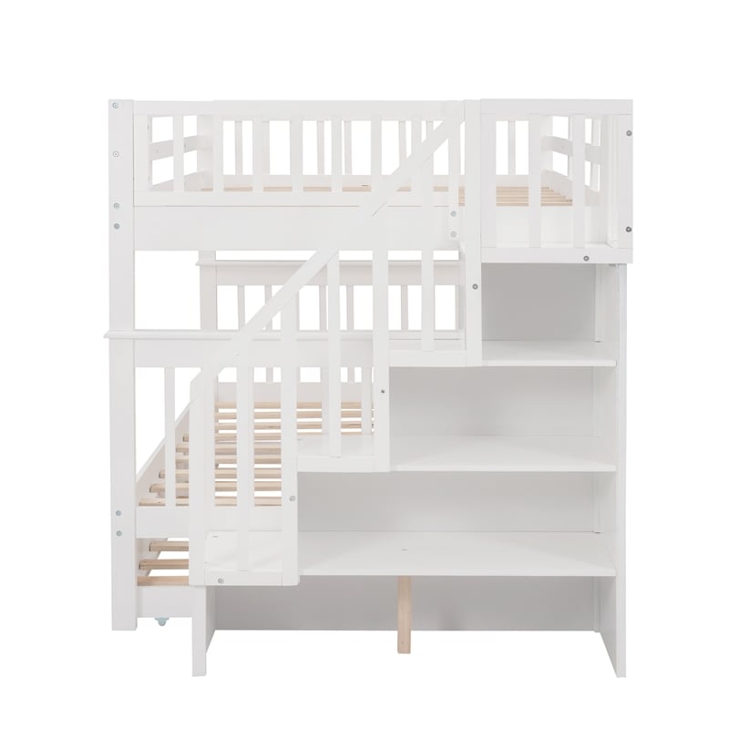 CRO Decor Stairway Full-Over-Full Bunk Bed with Twin Trundle Storage (White)
