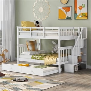 CRO Decor Stairway Full-Over-Full Bunk Bed with Twin Trundle Storage (White)