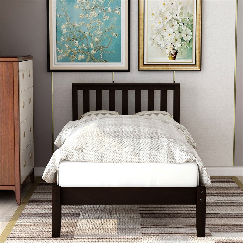 CRO Decor Wood Platform Bed with Headboard/Wood Slat Support Twin (Espresso)