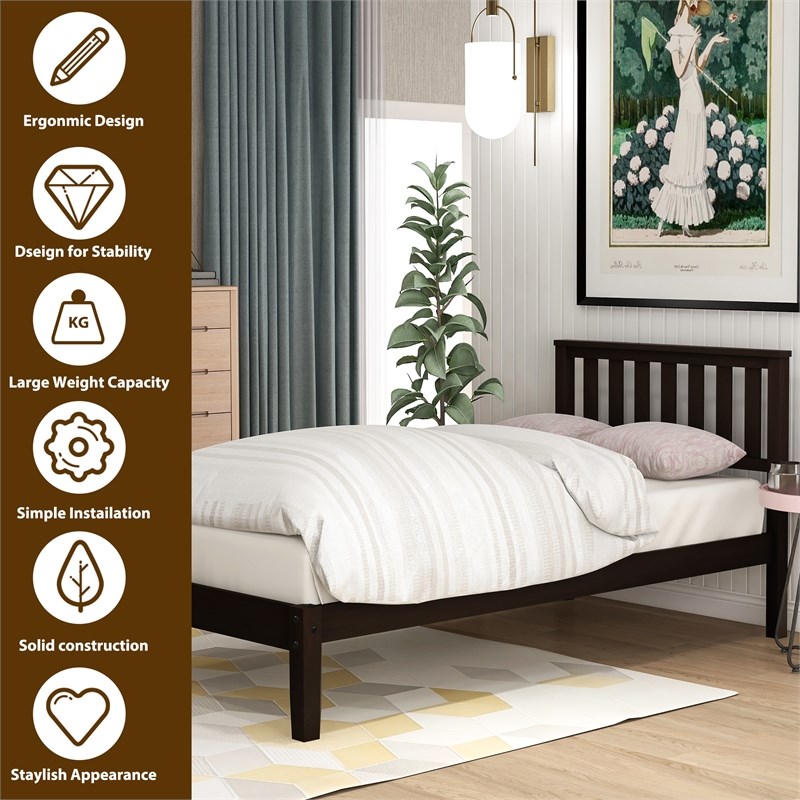 CRO Decor Wood Platform Bed with Headboard/Wood Slat Support Twin (Espresso)