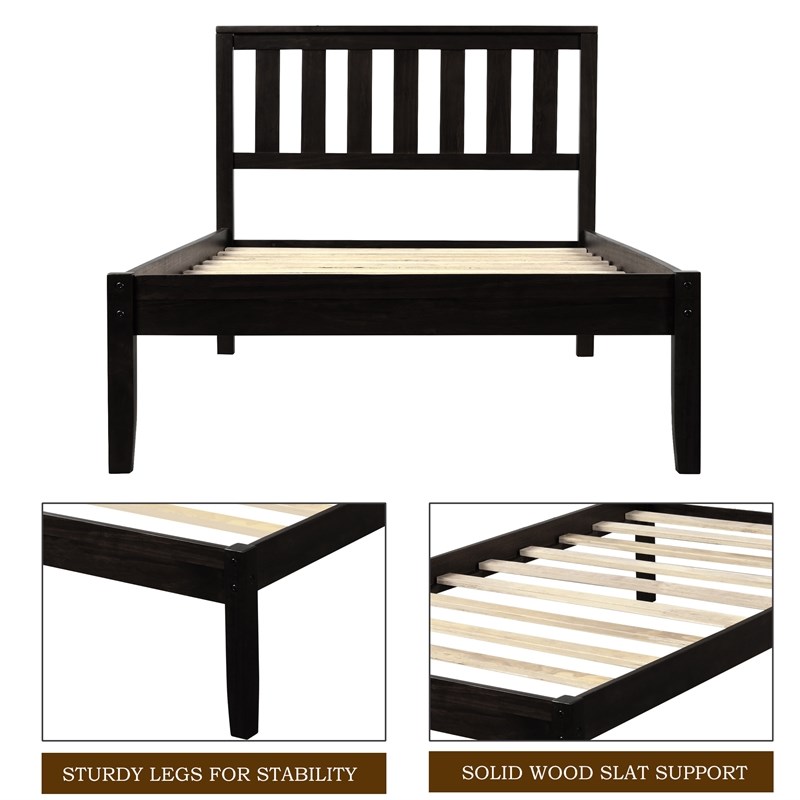 CRO Decor Wood Platform Bed with Headboard/Wood Slat Support Twin (Espresso)