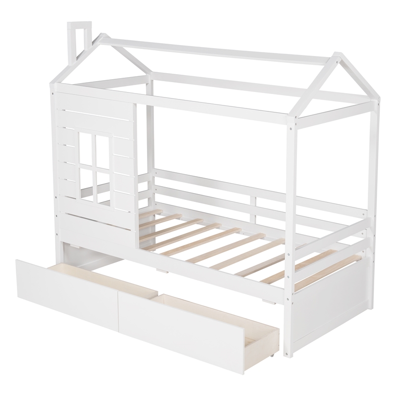 CRO Decor Twin Size House Bed Wood Bed with Two Drawers ( White )