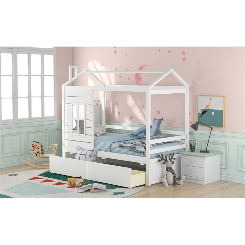CRO Decor Twin Size House Bed Wood Bed with Two Drawers ( White )