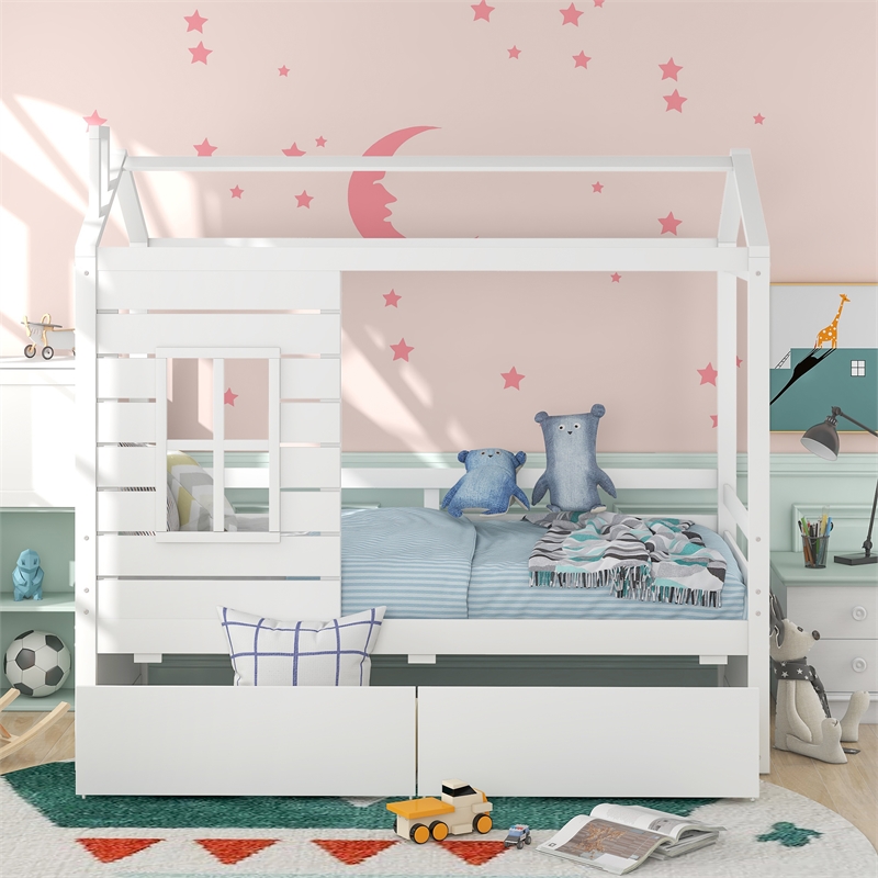 CRO Decor Twin Size House Bed Wood Bed with Two Drawers ( White )