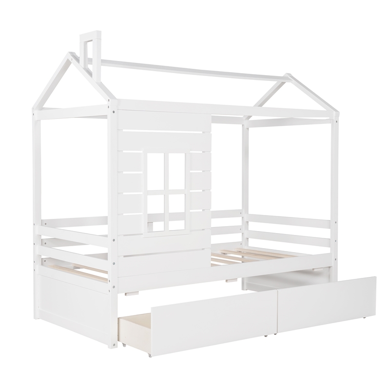 CRO Decor Twin Size House Bed Wood Bed with Two Drawers ( White )