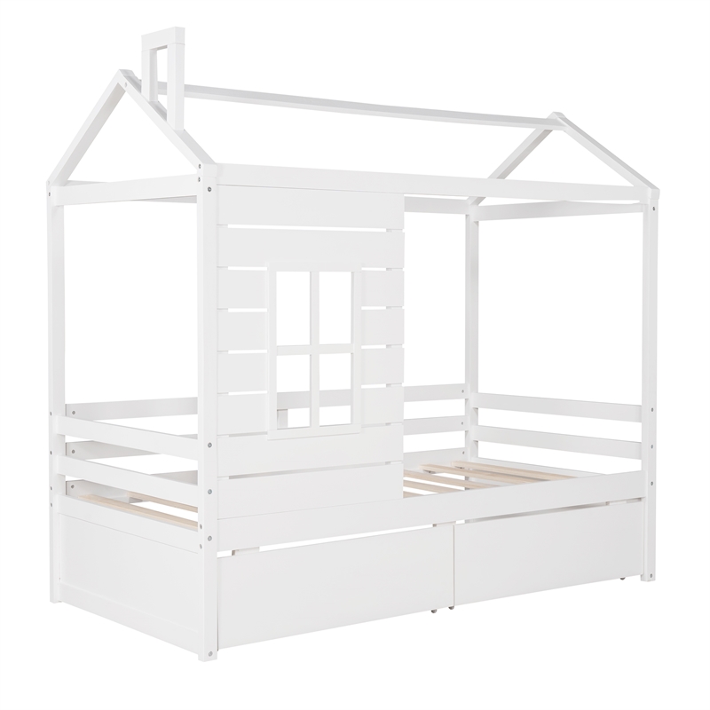 CRO Decor Twin Size House Bed Wood Bed with Two Drawers ( White )