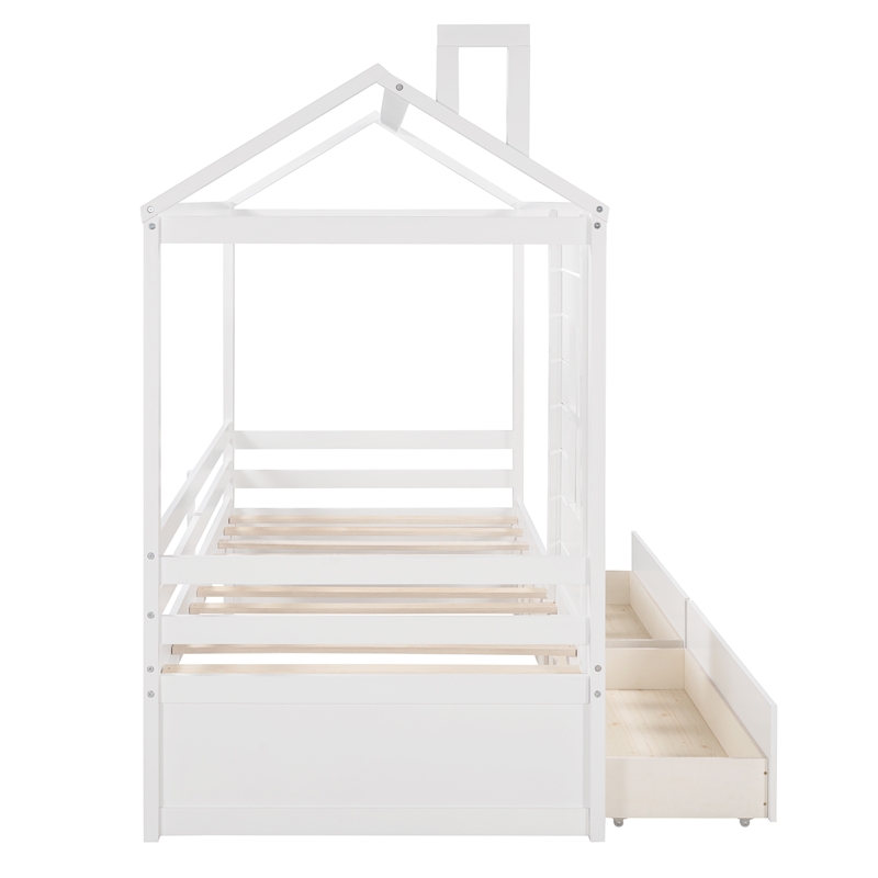 CRO Decor Twin Size House Bed Wood Bed with Two Drawers ( White )