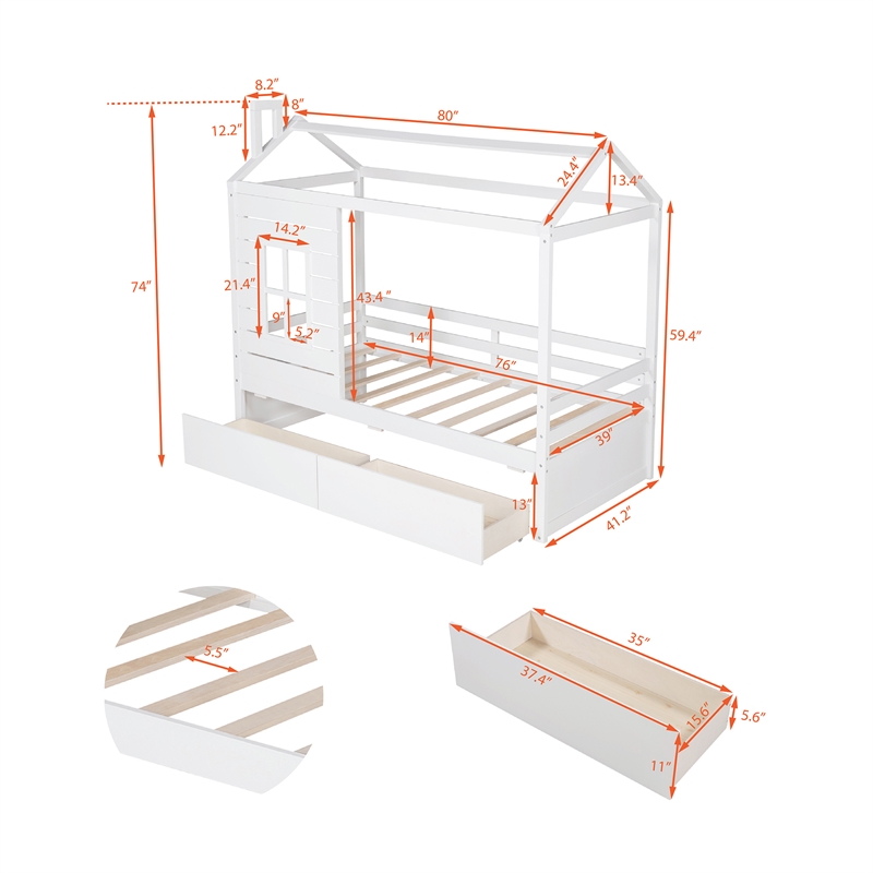 CRO Decor Twin Size House Bed Wood Bed with Two Drawers ( White )
