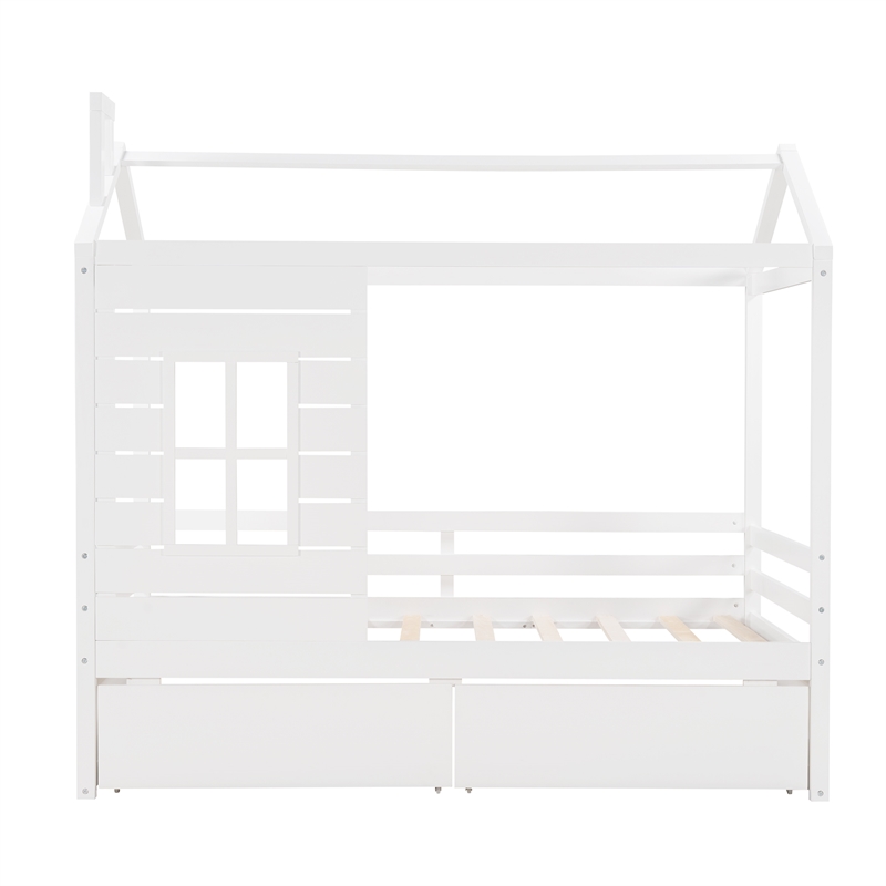 CRO Decor Twin Size House Bed Wood Bed with Two Drawers ( White )
