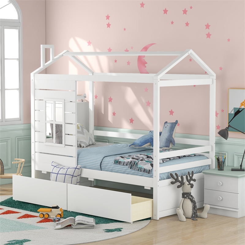 CRO Decor Twin Size House Bed Wood Bed with Two Drawers ( White )
