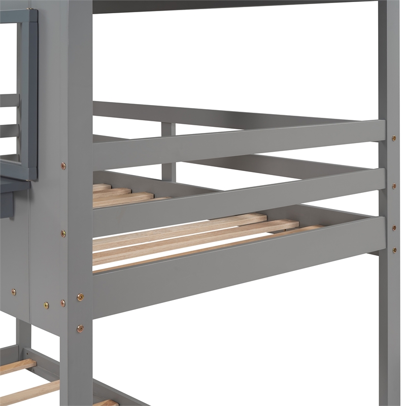 CRO Decor Twin Over Twin Bunk Bed Wood with Roof Window Guardrail Ladder (Gray)