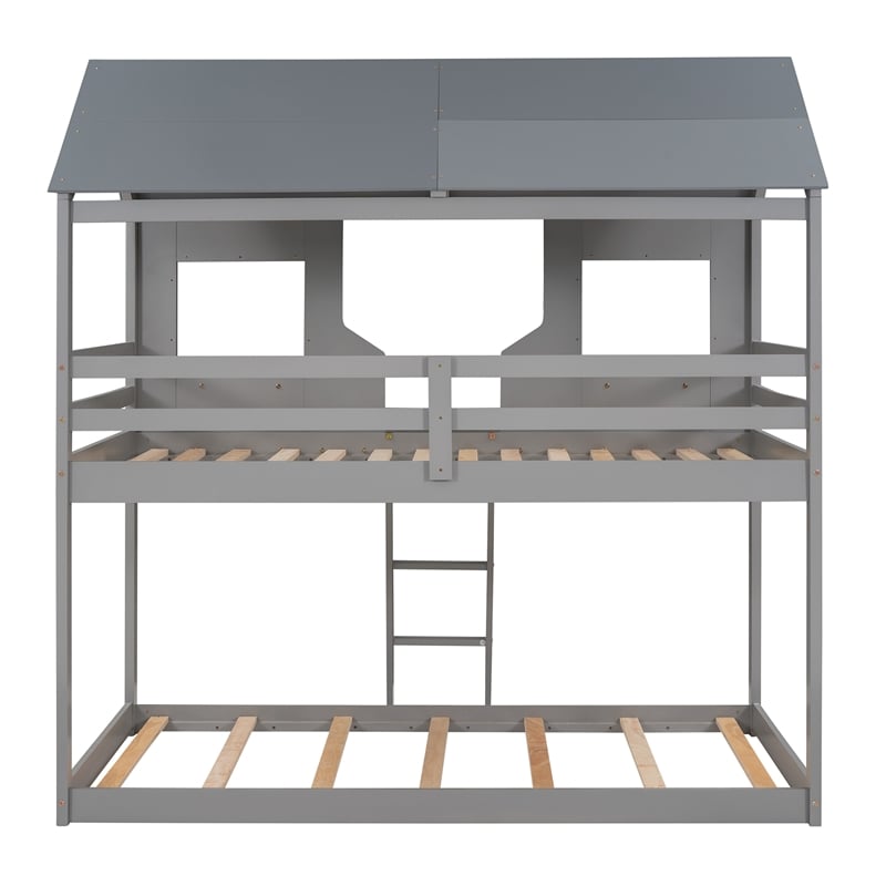 CRO Decor Twin Over Twin Bunk Bed Wood with Roof Window Guardrail Ladder (Gray)