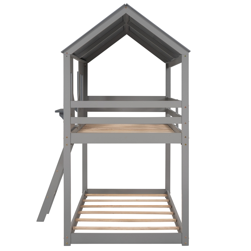 CRO Decor Twin Over Twin Bunk Bed Wood with Roof Window Guardrail Ladder (Gray)