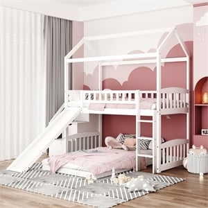 CRO Decor Twin Over Twin Bunk Bed with Two Drawers and Slide House Bed  (White)