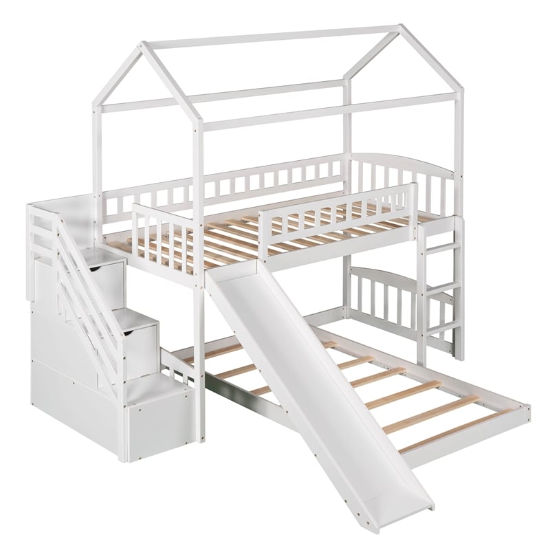 CRO Decor Twin Over Twin Bunk Bed with Two Drawers and Slide House Bed  (White)
