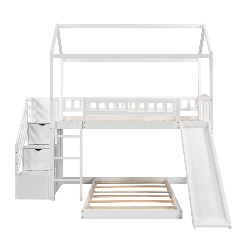 CRO Decor Twin Over Twin Bunk Bed with Two Drawers and Slide House Bed  (White)