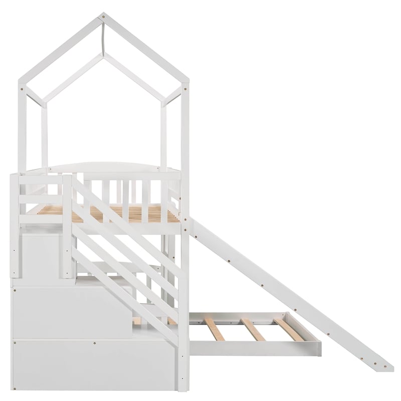 CRO Decor Twin Over Twin Bunk Bed with Two Drawers and Slide House Bed  (White)