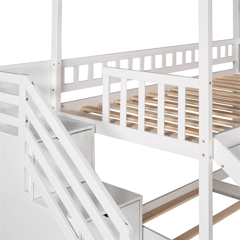 CRO Decor Twin Over Twin Bunk Bed with Two Drawers and Slide House Bed  (White)