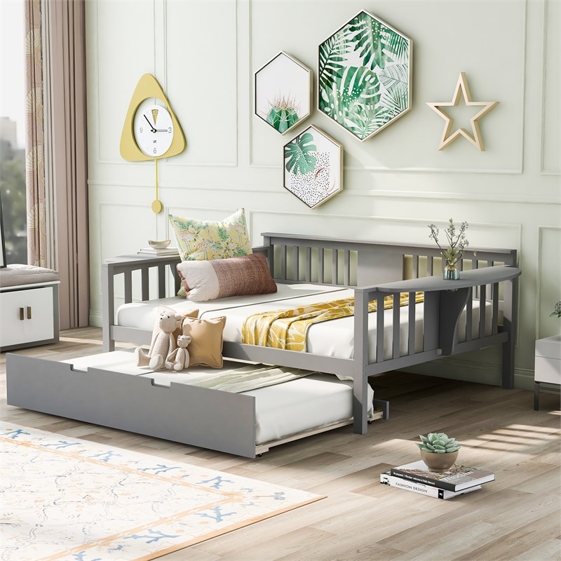 CRO Decor Full size Daybed with Twin size Trundle Wood Slat Support (Gray)