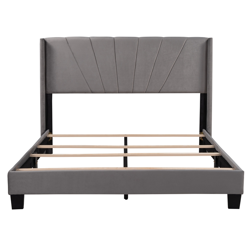 CRO Decor Queen Size Velvet Upholstered Platform Bed (Box Spring Needed) - Gray