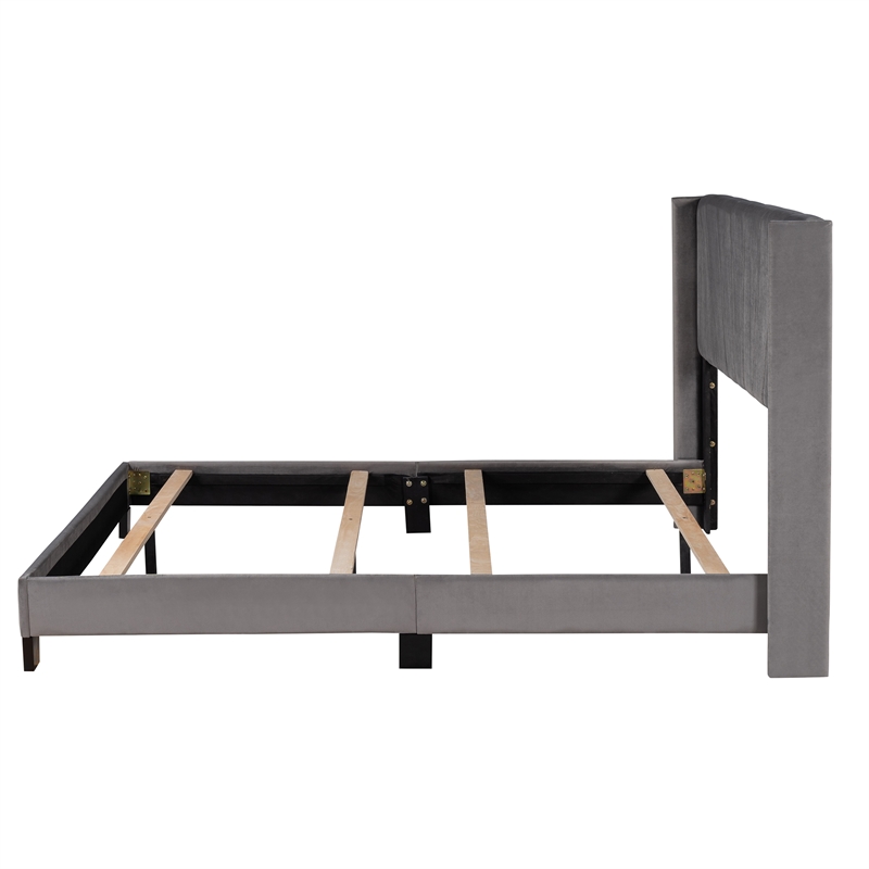 CRO Decor Queen Size Velvet Upholstered Platform Bed (Box Spring Needed) - Gray