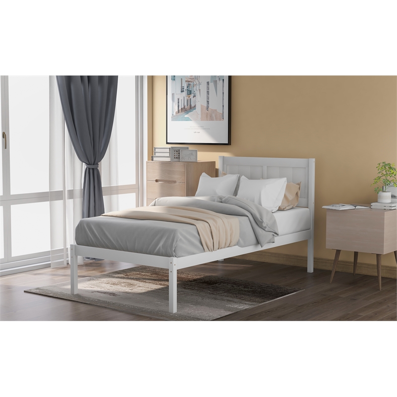 CRO Decor Wood Platform Bed Twin size Platform Bed with Headboard (White)
