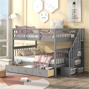 CRO Decor Stairway Full-Over-Full Bunk Bed with Drawer Storage (Gray)