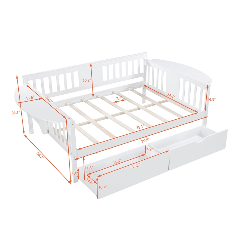 CRO Decor Full size Daybed with Two Drawers Wood Slat Support (White)