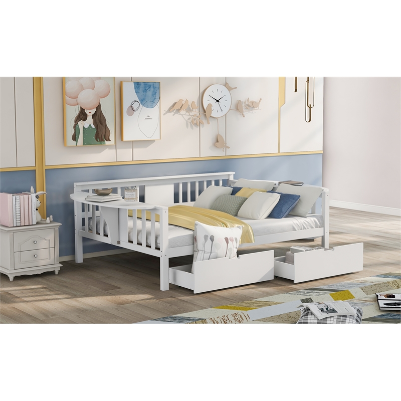 CRO Decor Full size Daybed with Two Drawers Wood Slat Support (White)