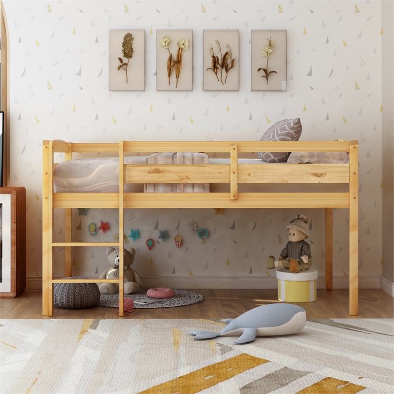 CRO Decor Twin Wood Loft Bed Low Loft Beds with Ladder Twin (Walnut)