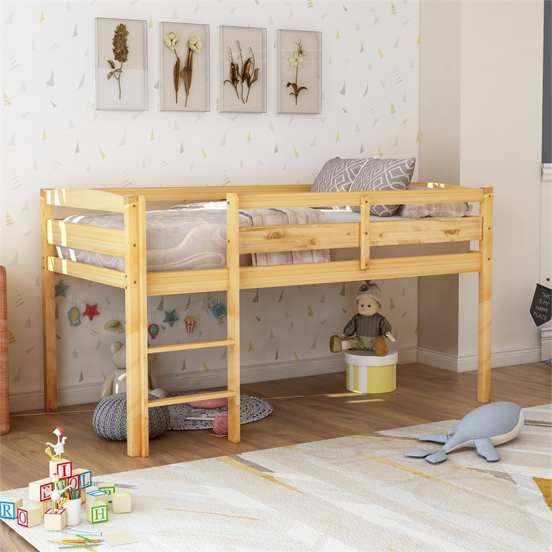 CRO Decor Twin Wood Loft Bed Low Loft Beds with Ladder Twin (Walnut)