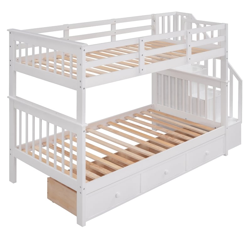 CRO Decor Stairway Twin-Over-Twin Bunk Bed with Three Drawers - White
