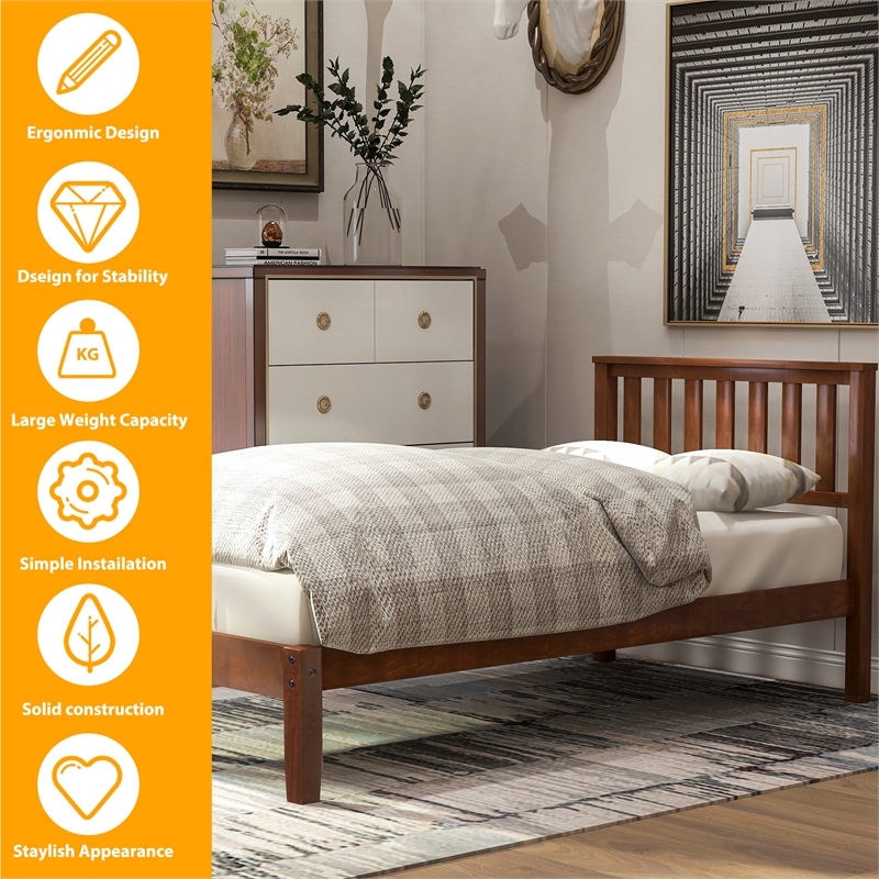 CRO Decor Wood Platform Bed with Headboard/Wood Slat Support Twin (Walnut)