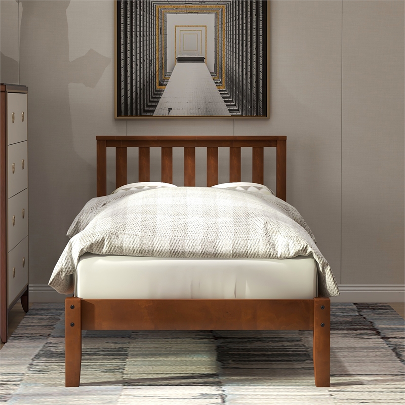 CRO Decor Wood Platform Bed with Headboard/Wood Slat Support Twin (Walnut)