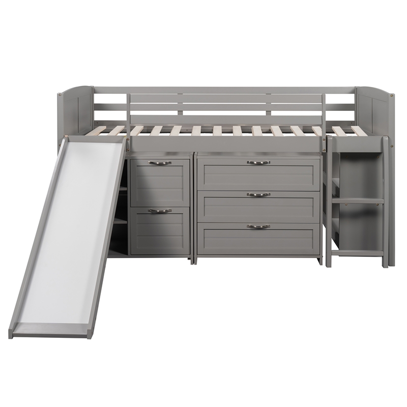 CRO Decor Low Twin Size Loft Bed with Cabinets Shelves and Slide - Gray