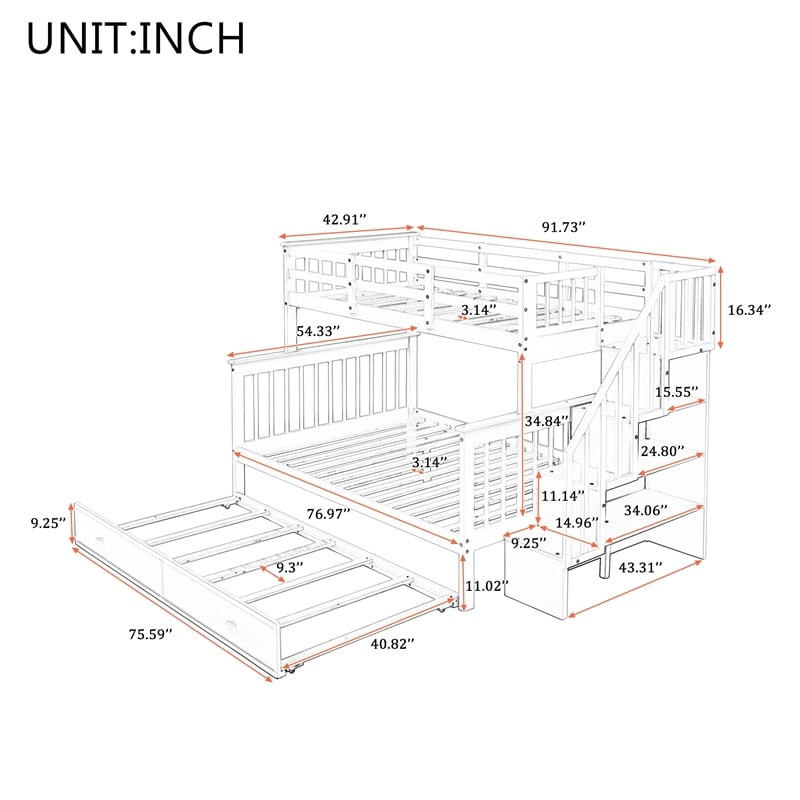 CRO Decor Stairway Twin-Over-Full Bunk Bed with  Trundle Storage and Guard Rail