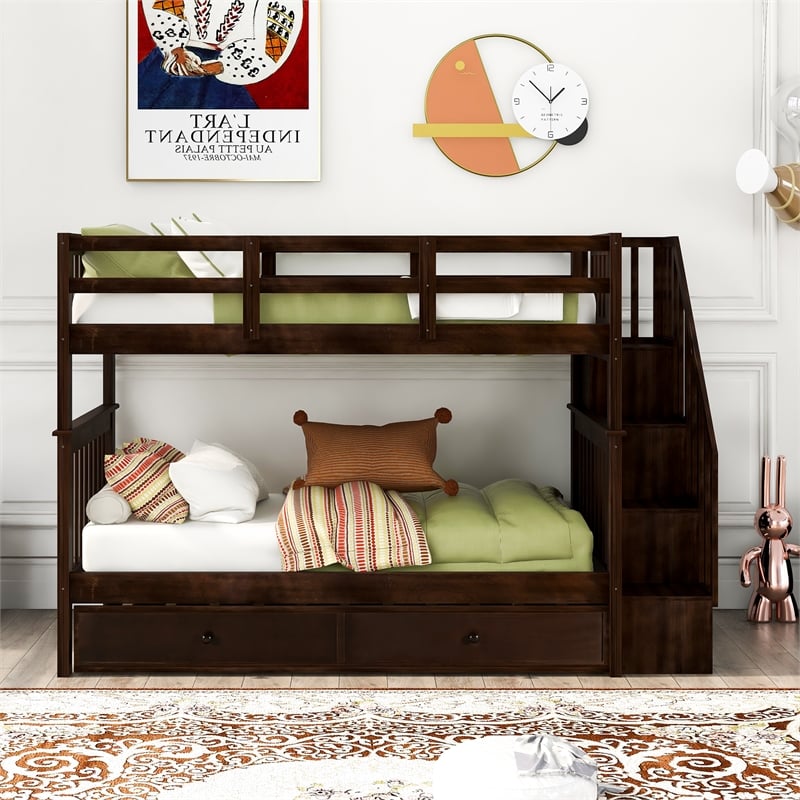 CRO Decor Stairway Twin-Over-Twin Bunk Bed with Twin size Trundle (Espresso)