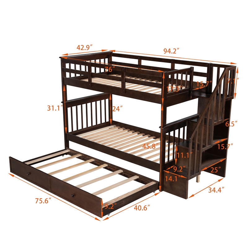 CRO Decor Stairway Twin-Over-Twin Bunk Bed with Twin size Trundle (Espresso)