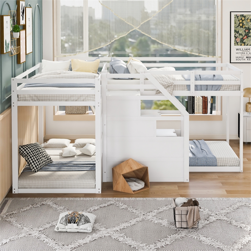 CRO Decor Twin over Twin L-Shaped Bunk Bed with Built-in Middle Staircase(White)