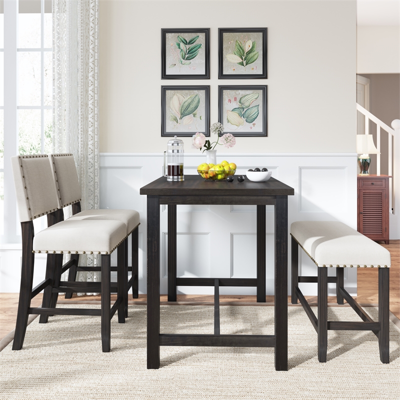 CRO Decor 4 Piece Wooden Counter Height Dining Table Set with Upholstered Bench