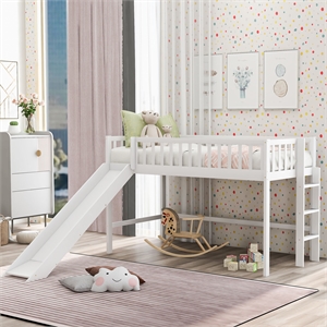 CRO Decor Twin Size Low Loft Bed with Ladder and Slide (White)
