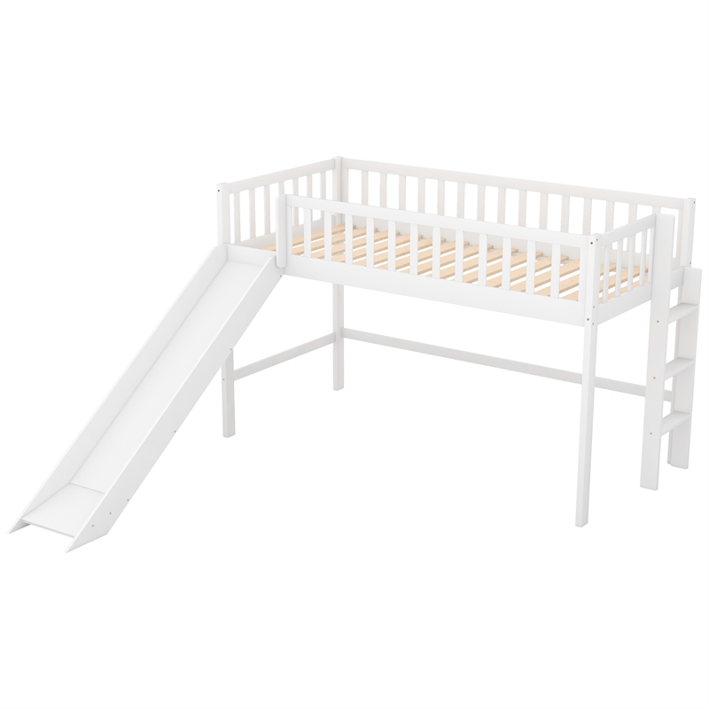 CRO Decor Twin Size Low Loft Bed with Ladder and Slide (White)