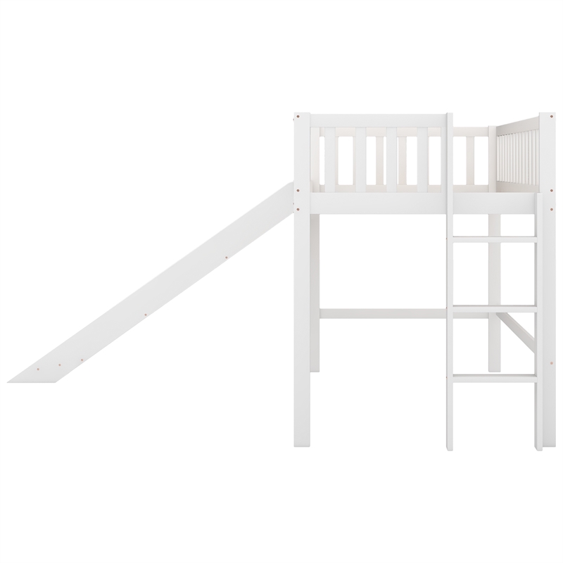 CRO Decor Twin Size Low Loft Bed with Ladder and Slide (White)