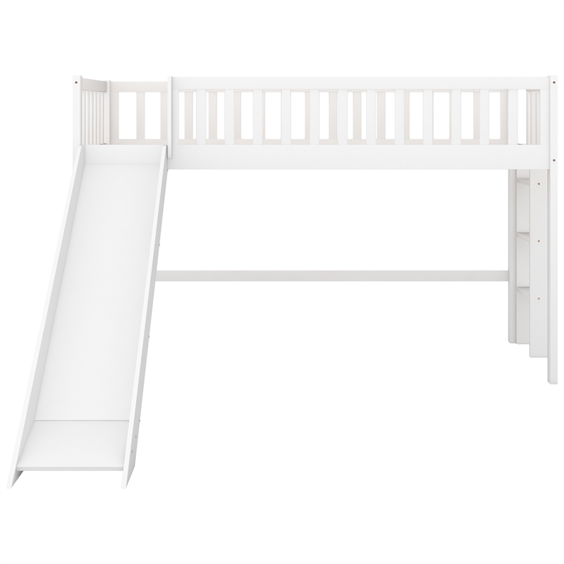 CRO Decor Twin Size Low Loft Bed with Ladder and Slide (White)