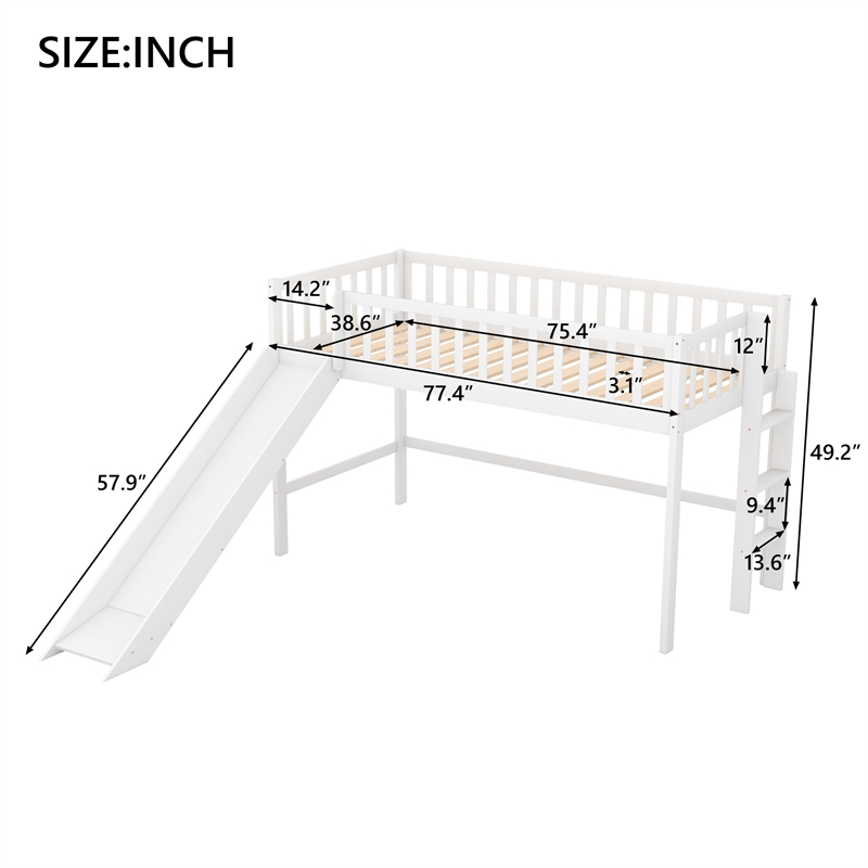 CRO Decor Twin Size Low Loft Bed with Ladder and Slide (White)