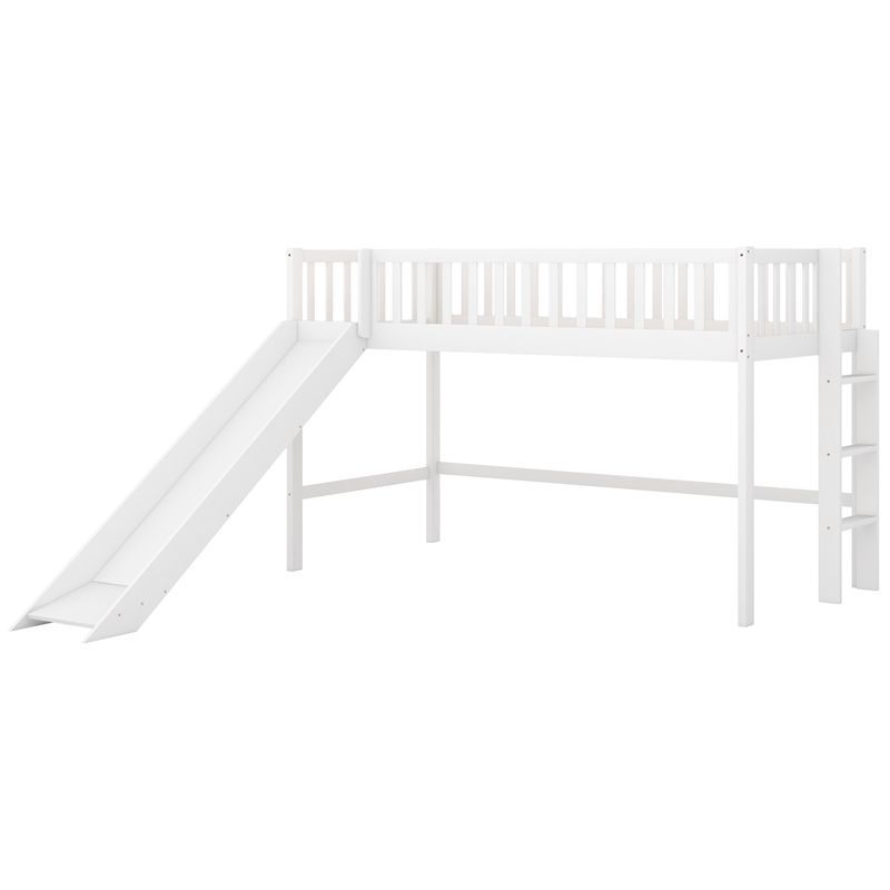 CRO Decor Twin Size Low Loft Bed with Ladder and Slide (White)