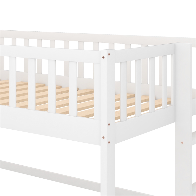 CRO Decor Twin Size Low Loft Bed with Ladder and Slide (White)