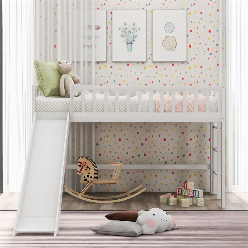 CRO Decor Twin Size Low Loft Bed with Ladder and Slide (White)