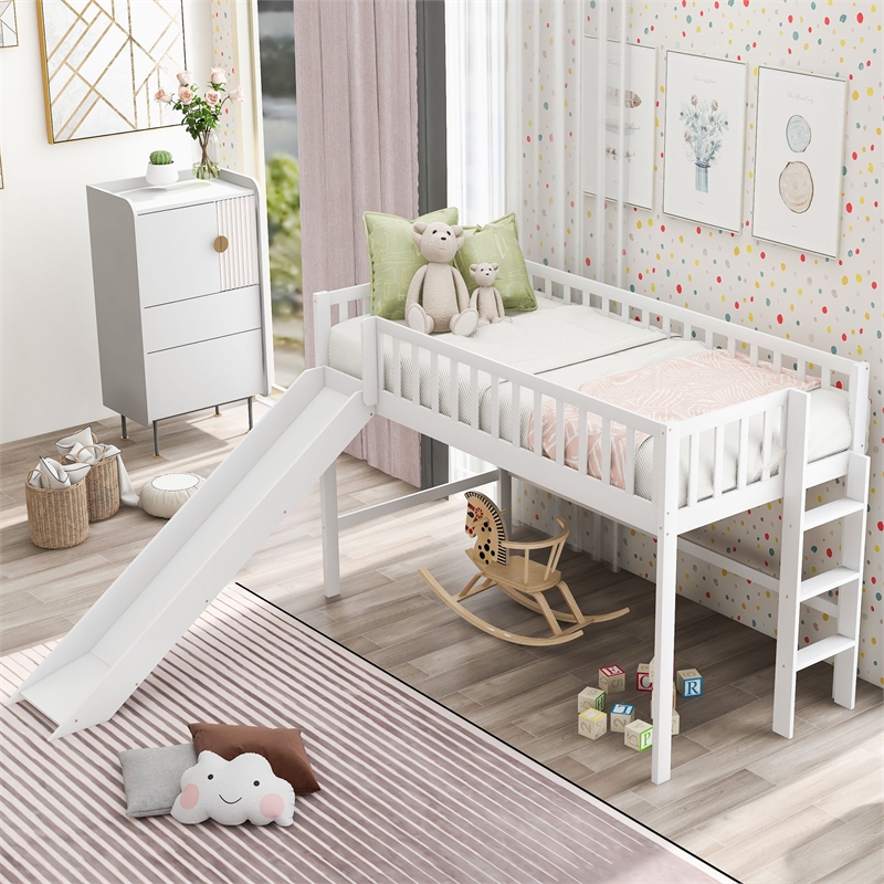 CRO Decor Twin Size Low Loft Bed with Ladder and Slide (White)
